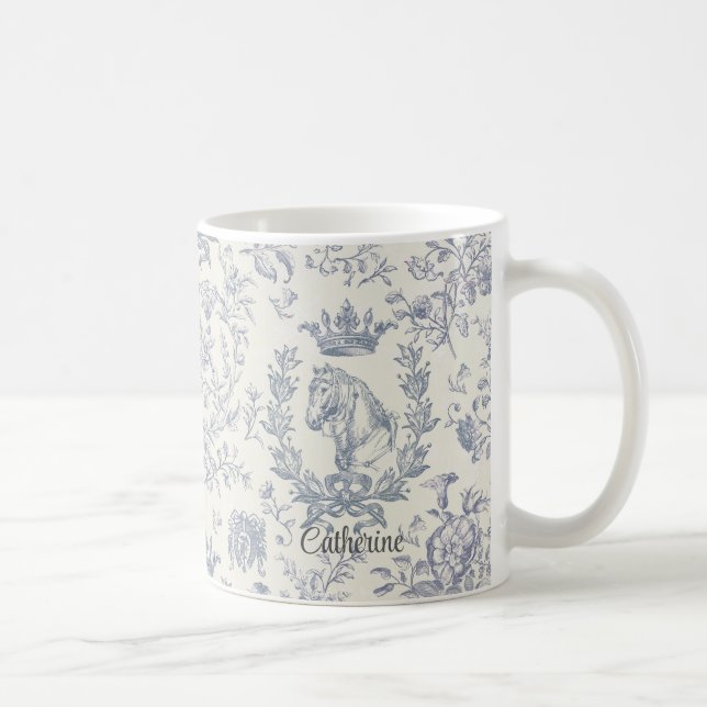 Caneca De Café Elegante Blue Beige Equestrian Toile Nome (Direita)