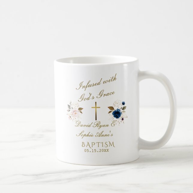 Caneca De Café Elegante Blue Gold Floral Calliografia gêmea batis (Direita)