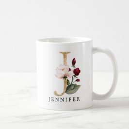 Caneca De Café Elegante Blush Dourado e Flor de Carta Burgundy J