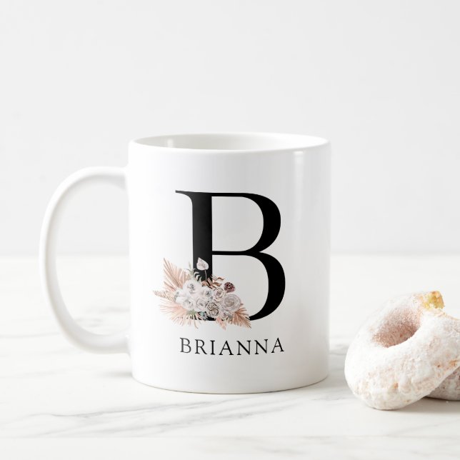 Caneca De Café Elegante Boho Floral Monograma (Com Donut)