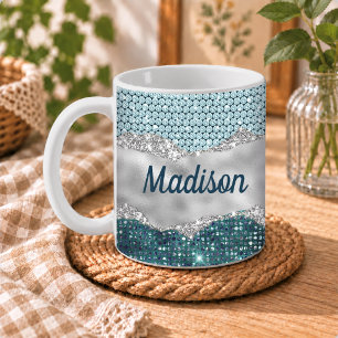Caneca De Café Elegante brilho verde menta azul turquesa monogram