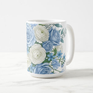 Caneca De Café Elegante Buquê Floral Azul e Branco Aquarela B