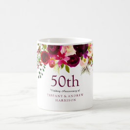 Caneca De Café Elegante Burgundy Flowers 50º Aniversário de Casam