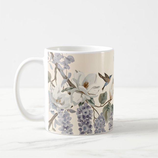 Caneca De Café Elegante Chinoiserie de Flores e Pássaros (Esquerda)