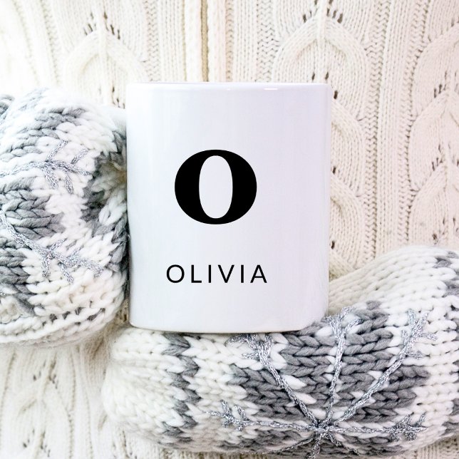 Caneca De Café Elegante Clássico Monograma 2 Branco Preto Inicial (Left side)