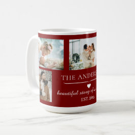 Caneca De Café Elegante Colagem Familiar de 5 Fotos em Vermelho P