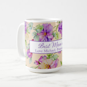 Caneca De Café Elegante cor d'água roxa floral Melhor Mãe Nunca