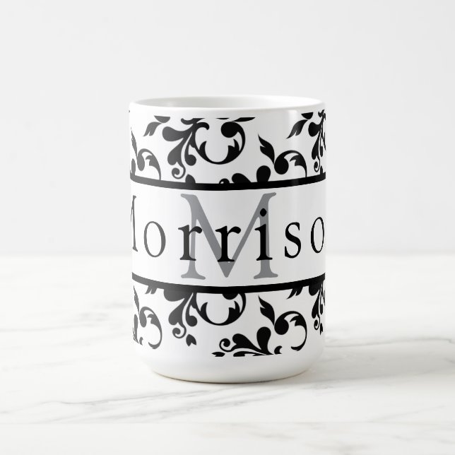 Caneca De Café Elegante Cor damasco de francês preto e branco (Centro)