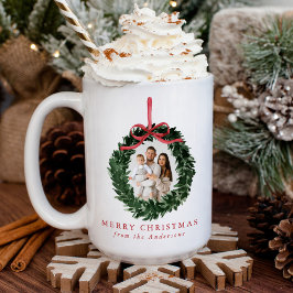 Caneca De Café Elegante Coroa de Aquarela com Foto de Natal e Laç