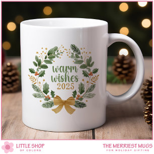Caneca De Café Elegante Coroa de Natal em Aquarela Dourada e Verd