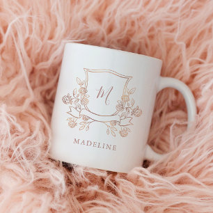 Caneca De Café Elegante Crista Floral Monograma Falso Dourado R