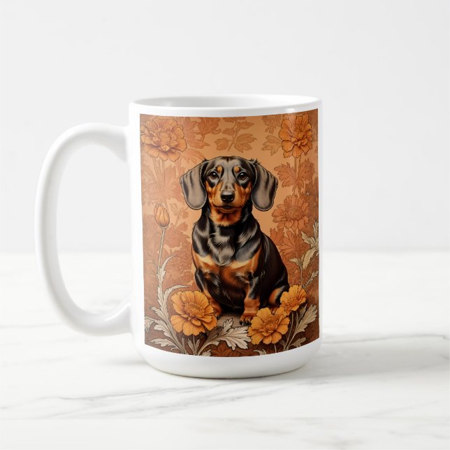 Caneca De Café Elegante Dachshund E Marigolds (Esquerda)