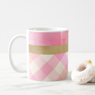 Caneca De Café Elegante de Abstrato de Xadrez Rosa Dourada