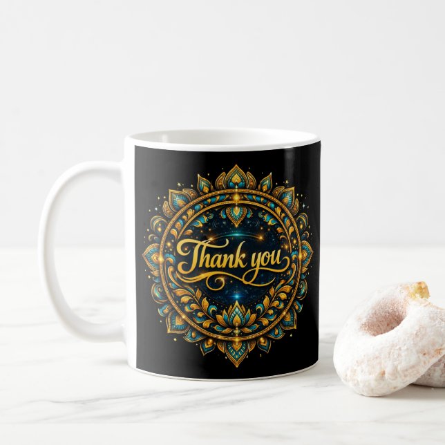 Caneca De Café Elegante Design de Mandala "Obrigado" em Dourado c (Com Donut)