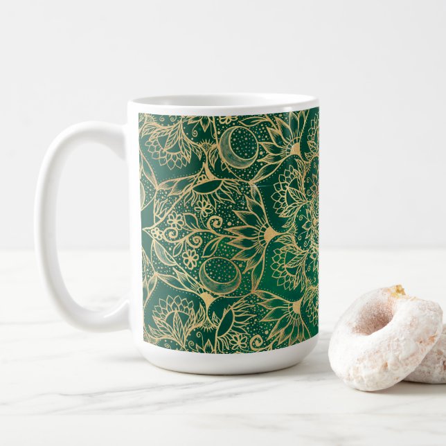 Caneca De Café Elegante Dourado Floral Mandala Green Design (Com Donut)