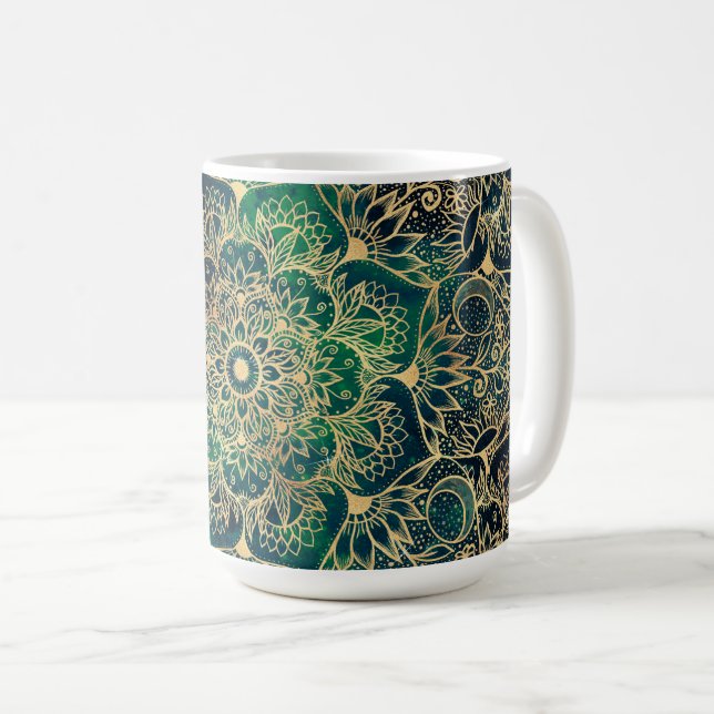 Caneca De Café Elegante Dourado Mandala Floral Verde Azul (Frente Esquerda)