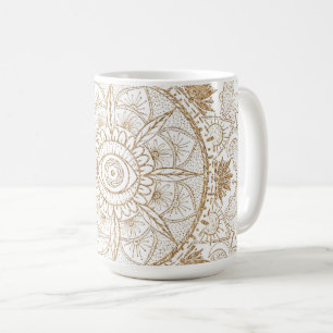 Caneca De Café Elegante Dourado Olho Sol Lua Mandala Branco