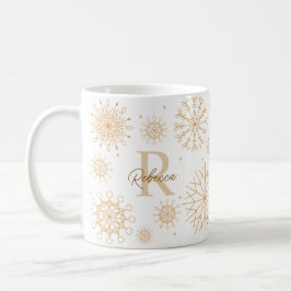 Caneca De Café Elegante Dourado Winter Themed Snowflake Monograma