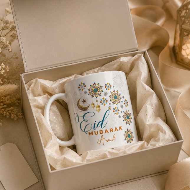Caneca De Café Elegante Eid Mubarak Caligrafia Árabe Lua Estrelas (Elegant Eid Mubarak Arabic Calligraphy Moon Stars Coffee Mug gifts ideas present happy eid)