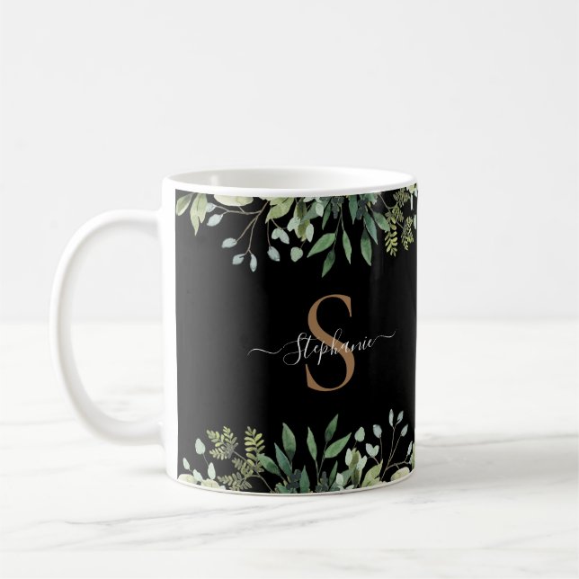 Caneca De Café Elegante Eucalipto Botânico Monograma Dourado Scri (Esquerda)