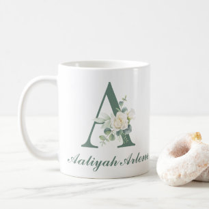 Caneca De Café Elegante Eucalyptus e Rosa personalizado A inicial