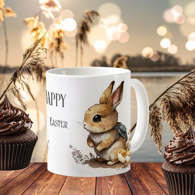Caneca De Café Elegante Felz pascoa Bunny Watercolor (Classic mug featuring a watercolor painting of an Easter bunny with baby birds)