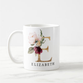 Caneca De Café Elegante Flor de Rosa e Borgonha em Letra E Dourad