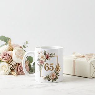 Caneca De Café Elegante Floral Aniversário de 65 anos Nome e Data