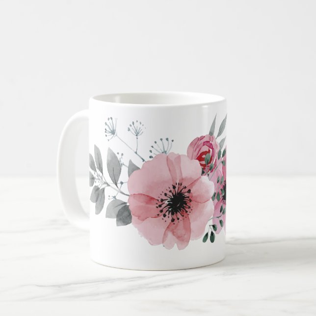 Caneca De Café elegante floral botânico cinza rosa flor (Frente Esquerda)