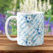 Elegante Floral em Listras de Aquarela Azul Cottag