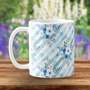 Caneca De Café Elegante Floral em Listras de Aquarela Azul Cottag