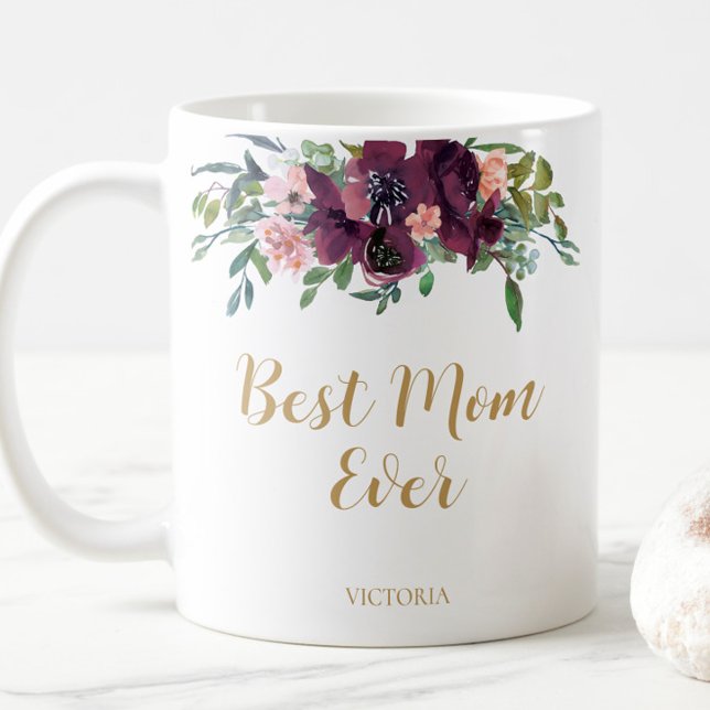 Caneca De Café Elegante Floral Melhor Mãe De Sempre (Watercolor Floral Best Mom Ever Coffee Mug)