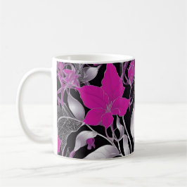 Caneca De Café Elegante Floral Rosa com Folhas de Prata