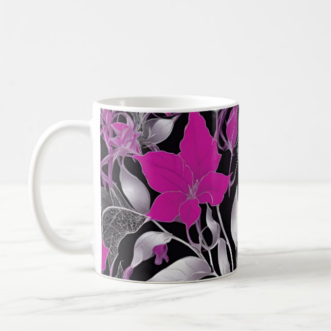 Caneca De Café Elegante Floral Rosa com Folhas de Prata (Esquerda)
