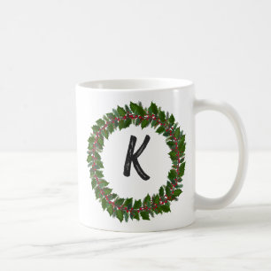 Caneca De Café Elegante Floral Wreath Monograma Natal Inicial
