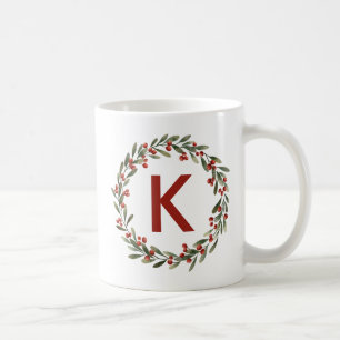 Caneca De Café Elegante Floral Wreath Monograma Natal Inicial
