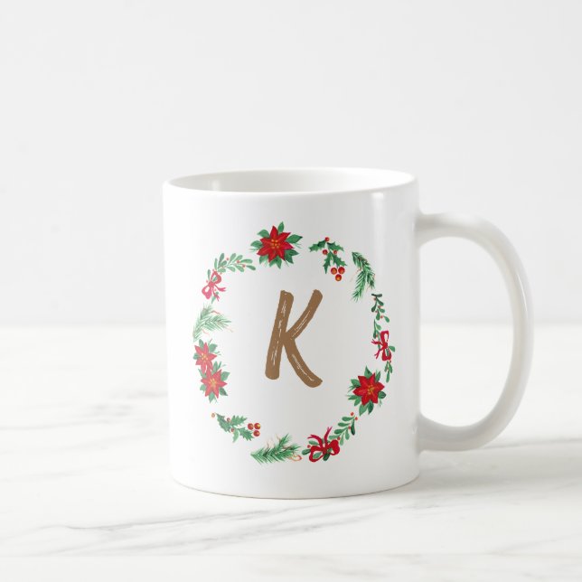 Caneca De Café Elegante Floral Wreath Monograma Natal Inicial (Direita)
