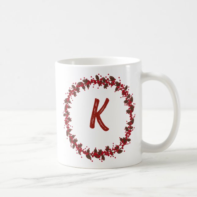 Caneca De Café Elegante Floral Wreath Monograma Natal Inicial (Direita)