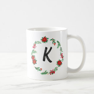 Caneca De Café Elegante Floral Wreath Monograma Natal Inicial
