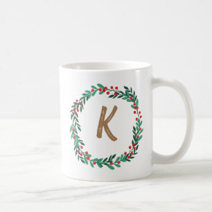 Caneca De Café Elegante Floral Wreath Monograma Natal Inicial