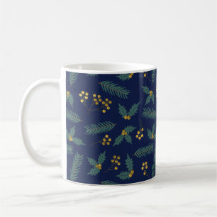 Caneca De Café Elegante Folha de Natal Botânica Azul Dourado