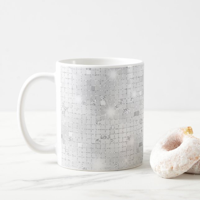 Caneca De Café Elegante Glam White Silver Glitz Sparkle (Com Donut)