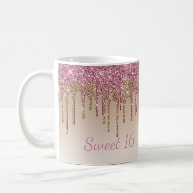Caneca De Café Elegante Glitter Sweet 16 Glam Script Ombré Sparkl (Esquerda)