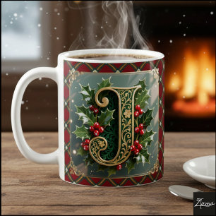 Caneca De Café Elegante Inicial de Natal em Ouro com Azevinho J