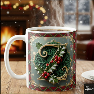 Caneca De Café Elegante Inicial de Natal em Ouro com Azevinho Let
