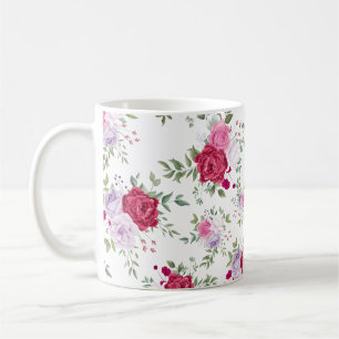Caneca De Café Elegante Jardim Floral Burgundy e Rosa Lavanda