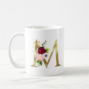 Caneca De Café Elegante Letra Dourada M Monograma Rosa Bege Burgu
