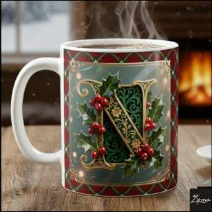 Caneca De Café Elegante Letra Inicial de Natal em Ouro Azevinho N