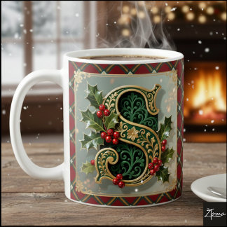 Caneca De Café Elegante Letra Inicial de Natal em Ouro com Azevin