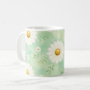 Caneca De Café Elegante Margarida em Aquarela de Hortelã